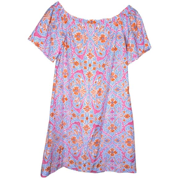 J McLaughlin Marina Off Shoulder Dress Medium Pink Blue Floral Cotton Silk - Picture 1 of 9